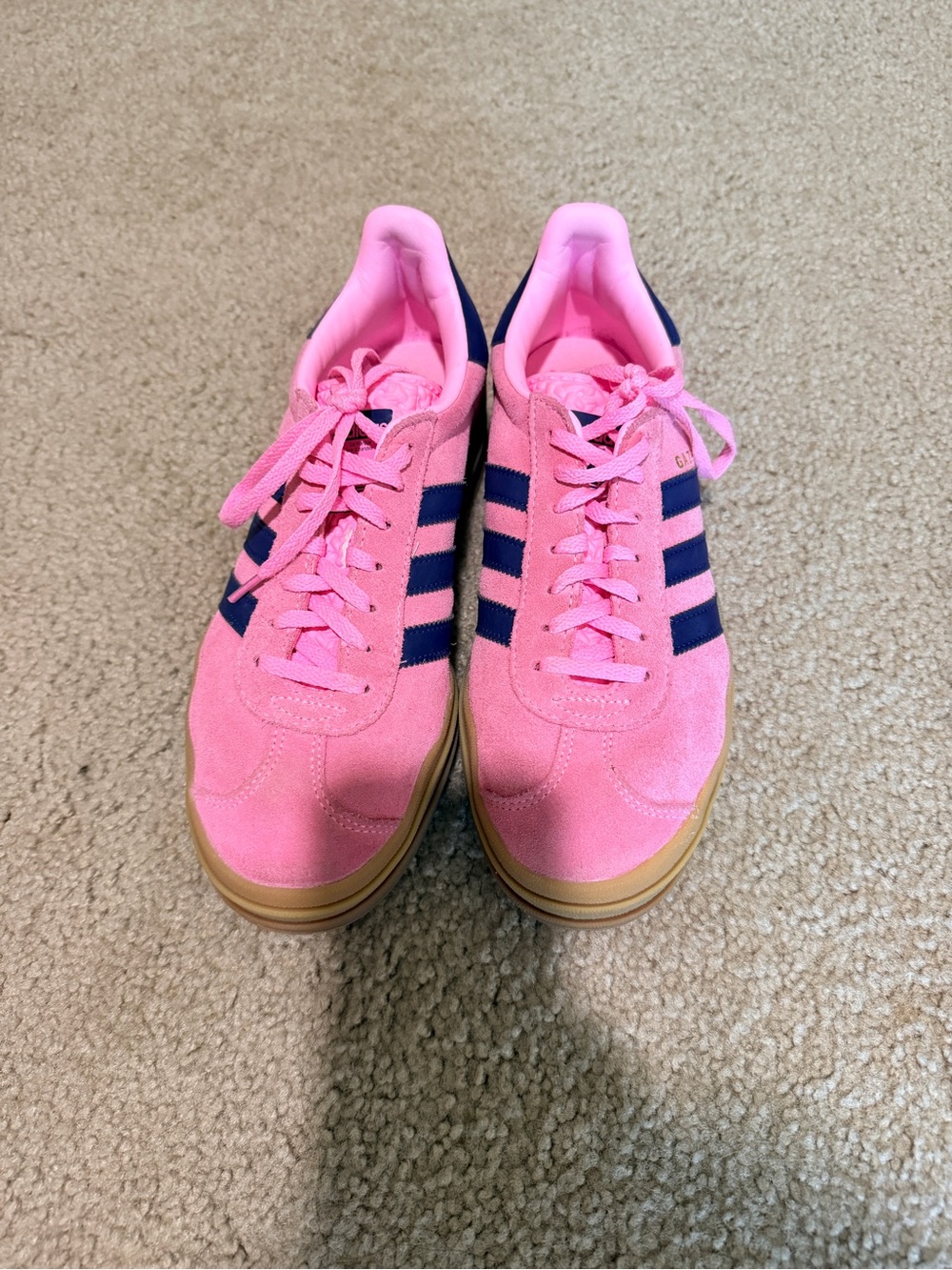 Women’s Pink Suede Adidas Platform Gazelle with Navy Stripes